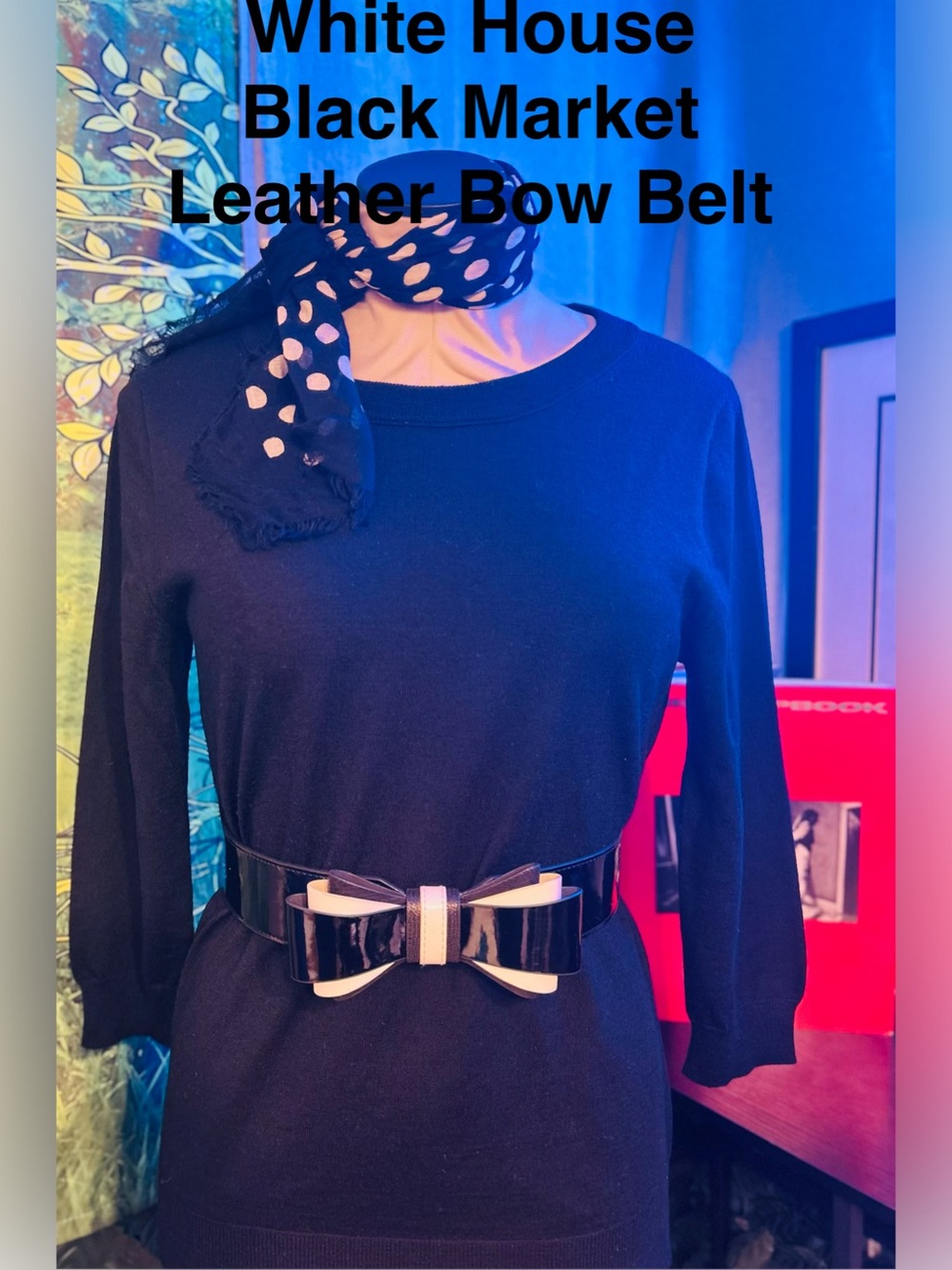 White House Black Market Black Patent Leather Bow Waist Belt w Back Elastic